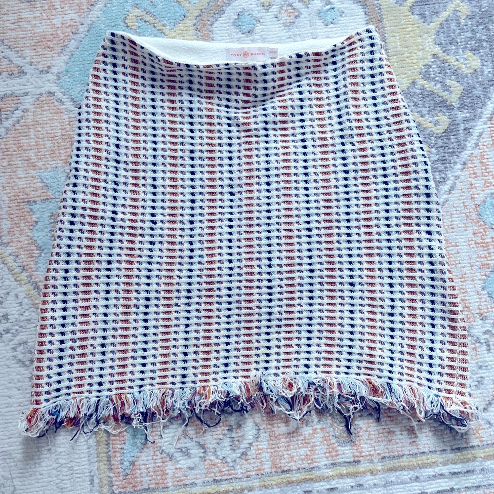 Tory Burch Knitted Mini Skirt with Metallic Detail and Fringe Bottom
